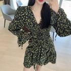 Floral Long-sleeve Slim-fit Dress As Figure - One Size