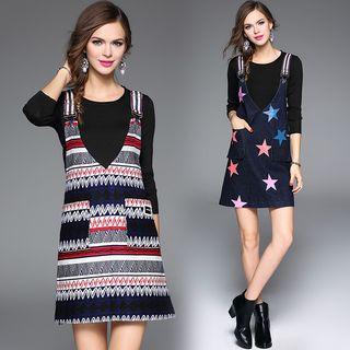Set: 3/4-sleeve Knit Top + Printed Jumper Dress