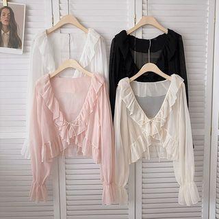 Long-sleeve Ruffle-trim Chiffon Light Cardigan