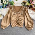 Faux-pearl Collared Puff Long-sleeve Crop Top