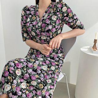 Puff-sleeve Floral Midi Wrap Dress