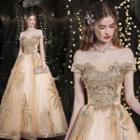 Off-shoulder Floral Glitter Applique A-line Wedding Gown