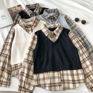 Mock Two-piece Vest Panel Color-block Plaid Shirt