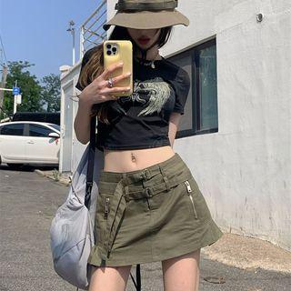Short-sleeve Wings Print Cropped T-shirt / Mini A-line Skirt