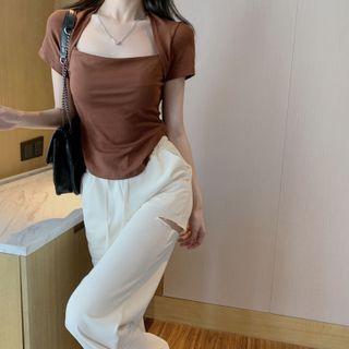 Square-neck Round-hem Plain Top / High Waist Ripped Sweatpants