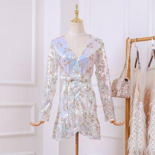 Sequined Long-sleeve Mini A-line Dress