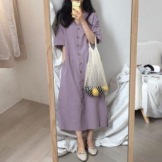 Buttoned Elbow-sleeve Midi A-line Dress Purple - One Size