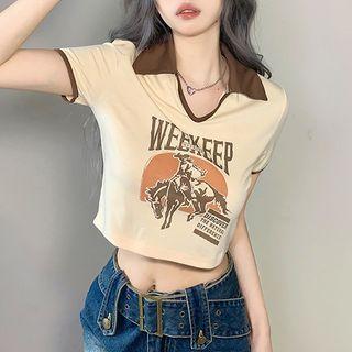 Short-sleeve Collar Printed Cropped T-shirt