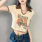 Short-sleeve Collar Printed Cropped T-shirt