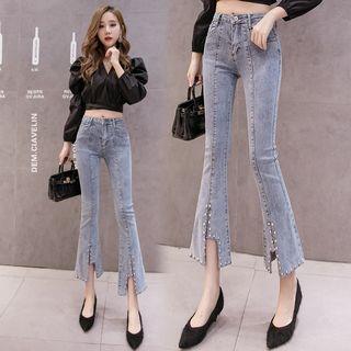 High-waist Faux Pearl Split Hem Bell-bottom Jeans