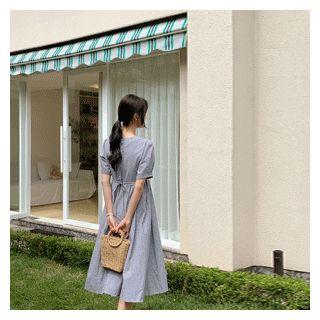 Puff-sleeve Pleated-hem Dress Black - One Size