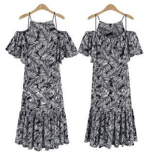 Leaf Print Cold Shoulder Maxi Sundress