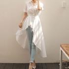 Short-sleeve Tie-waist High-low Blouse