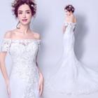 Off-shoulder Embroidery Sheath Wedding Dress