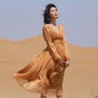 Long-sleeve V-neck Maxi Chiffon Dress