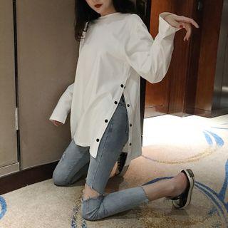 Long-sleeve Snap Button Slit T-shirt