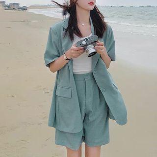 Set: Short-sleeve Plain Single-breasted Blazer + Shorts