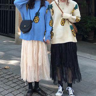 Pineapple Pattern Sweater / Midi Mesh Skirt