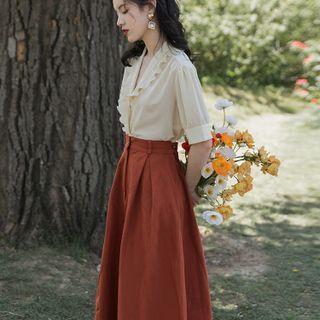 Set: Ruffle Trim Blouse + High-waist Midi A-line Skirt