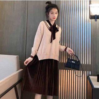 Set: Tie-neck Sleeveless Velvet A-line Dress + V-neck Sweater