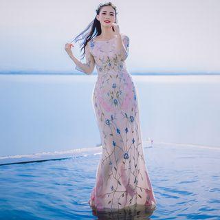 3/4-sleeve Floral Embroidered Maxi Dress