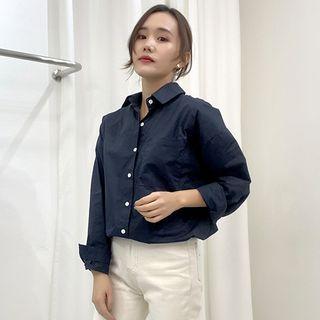 Long-sleeve Plain Shirt Dark Blue - One Size