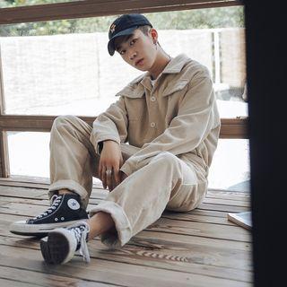 Front Pocket Corduroy Jumpsuit With Belt