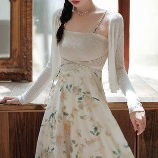 Spaghetti Strap Floral Print Panel Midi Dress / Cardigan / Set