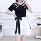 Contrast Color Short-sleeve Knit Top / Layered Mini A-line Skirt / Set