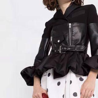 Ruffle Hem Faux Leather Panel Jacket