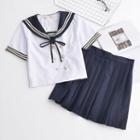 Set: Sailor Collar Double-breasted Top + Pleated Skirt