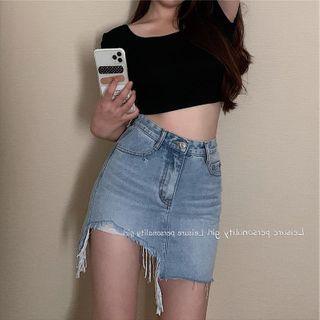 Asymmetrical Hem Distressed Denim Mini Pencil Skirt