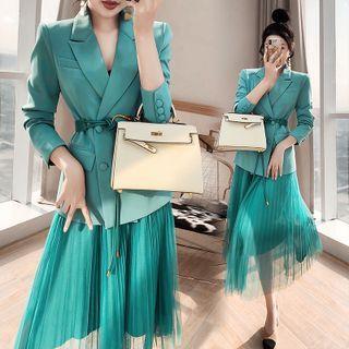 Set: Double Breasted Blazer + Mesh Overlay Skirt