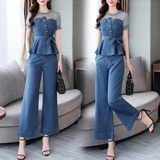 Set: Short-sleeve Denim Panel Top + Wide Leg Jeans