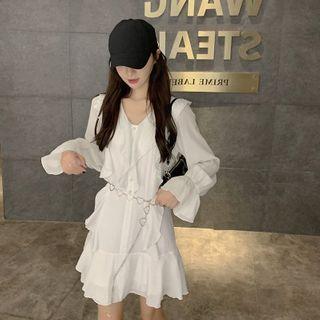 Ruffle Long-sleeve Mini Shift Dress