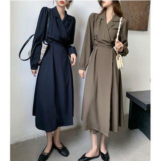 Long-sleeve V-neck Plain Shirtdress