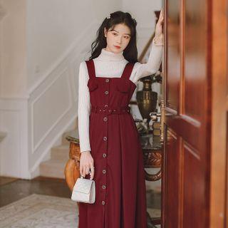 Buckled Button-front Sleeveless Dress