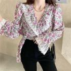 Bell-sleeve Lace Trim Floral Print Blouse