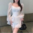 Long-sleeve Padded Tiered Mini A-line Dress