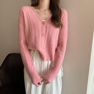 Long-sleeve V-neck Plain Cable Knit Knit Crop Top