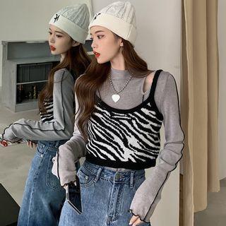Long-sleeve Cutout Mock-neck Top / Zebra Print Cropped Camisole Top