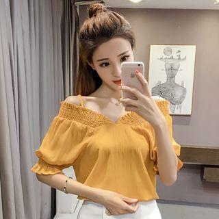 Ruffled Off-shoulder Short-sleeve Top