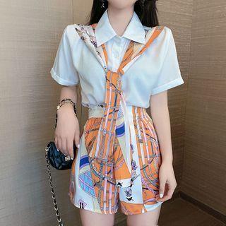 Set: Short-sleeve Panel Blouse + Printed Wide-leg Shorts