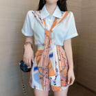 Set: Short-sleeve Panel Blouse + Printed Wide-leg Shorts