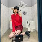 Set: Cable Knit Cardigan + Check Miniskirt Red - One Size