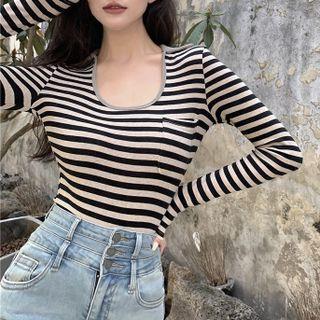 Long-sleeve Scoop-neck Striped Knit Top Stripe - Black & Beige - One Size