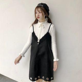 Frill Trim Knit Top / Spaghetti Strap Mini Faux Leather Dress