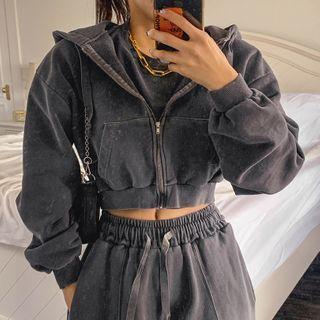 Pigment-washed Zip-up Cropped Hoodie
