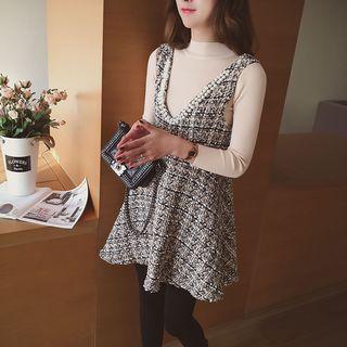 Set: 3/4-sleeve Knit Top + Sequined Pinafore Mini Dress