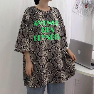 Elbow-sleeve Snake Print Lettering T-shirt